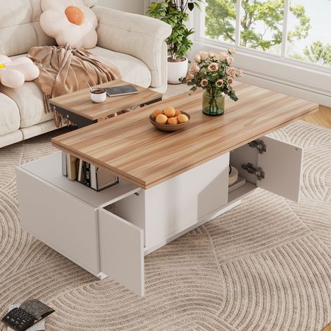 Tavolino 100x50x55,5 cm bianco e legno con doppio piano sollevabile e contenitore MEUBLIV (1/5)