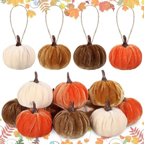 Juego de 12 calabazas decorativas de terciopelo (5 cm) – Decoración colgante otoñal neutra para el árbol de Navidad, estilo rústico, ideal para fiestas y decoración del hogar de temporada (1/5)