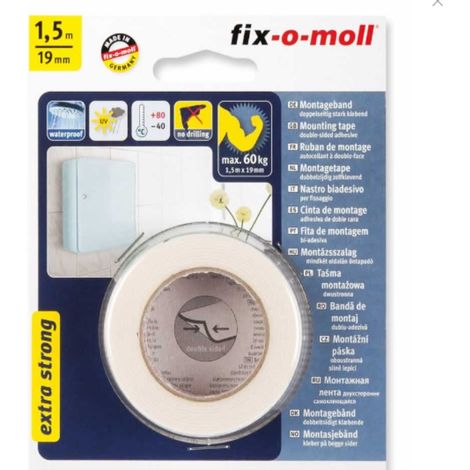 FIX-0-MOLL - 1,5mt x 19mm - NASTRO BIADESIVO EXTRA FORTE PER MONTAGGI - TENUTA MASSIMA 60kg - COLORE BIANCO