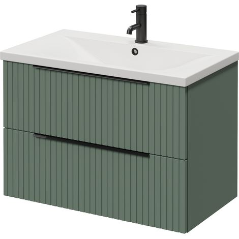 Helix 460 Fluted Satin Green 800mm Wall Mounted 2 Drawer Vanity Unit with Glide Basin