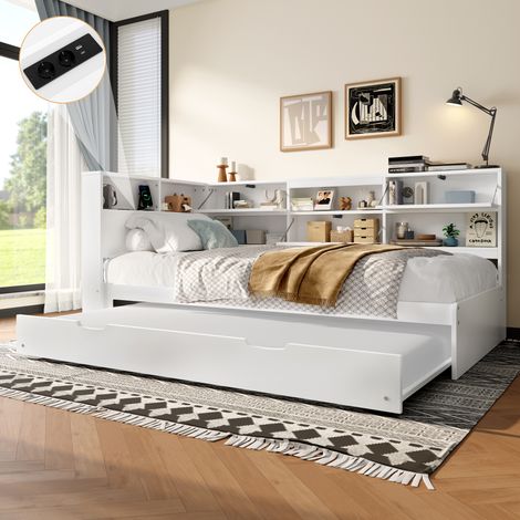 Daybett. Canapé-lit, 90 x 200 cm. Épaisseur du dossier : 200 cm. Lit extensible. Pas de matelas fourni. Couleur : blanc. (1/4)