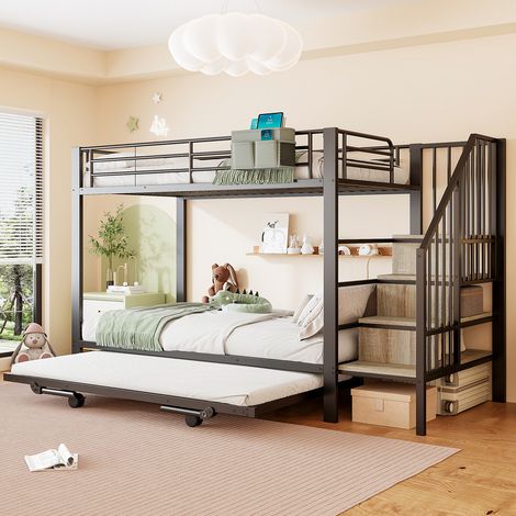 Lit mezzanine 90x200 cm avec tiroir, Lit superposé extensible 180x200 cm, noir, rangements échelle et pochette, idéal chambre enfant – BATDTECH (1/5)