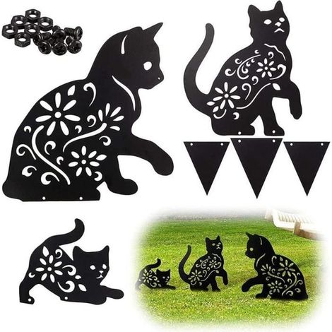 Décoration de Jardin Chat 3pcs - - Statues Métalliques - Noir - Pelouse, Jardin et Arrière-cour