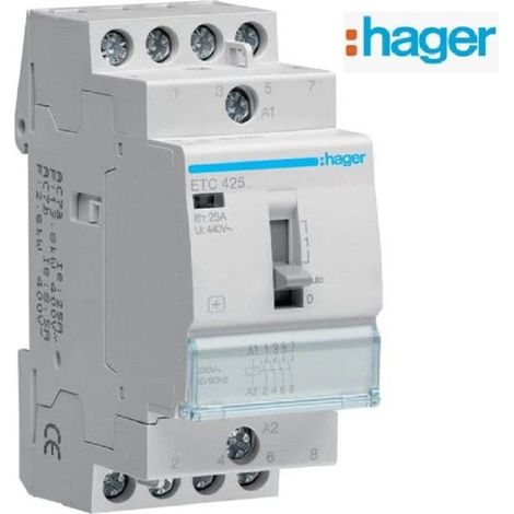Hager – Contacteur jour nuit triphasé 25A – Bobine 230V – 4NO – 2 modules – Certifié NF – Pour chauffe-eau en heures creuses
