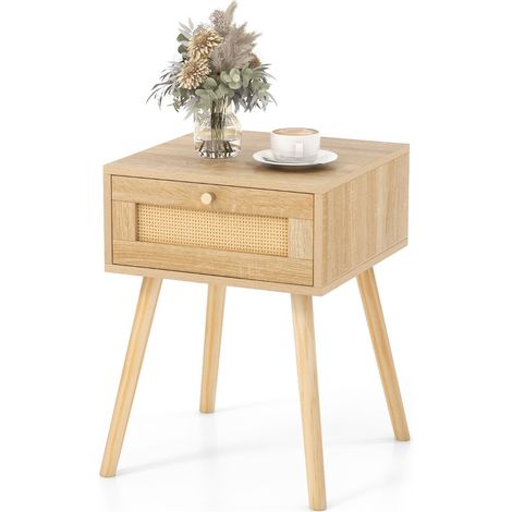 Comodino in rattan con decorazione intrecciata a mano Tavolino da letto boho in legno stile mid-century Naturale (1/5)