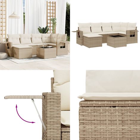 Salon de jardin avec coussins 7 pcs beige résine tressée - Ensemble Salon De Jardin - Meuble De Jardin - Salon Exterieur - Résine Tressée - Rotin Synthétique - Home & Living (1/5)