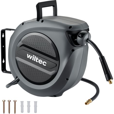 Wiltec Avvolgitubo automatico per aria compressa 15 m, avvolgitubo in acciaio, 17 bar, con supporto girevole a 180°