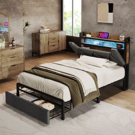 Polsterbett mit USB Typ C Ladefunktion Stauraum-Kopfteil und LED-Beleuchtung und Schubladen, Einzelbett Stauraumbetten Bettgestell mit Lattenrost aus Metallrahmen(Ohne Matratze)