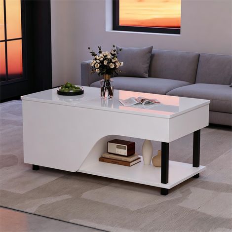 Table basse relevable LED 100 x 50 x 46 cm avec coffre caché, niche ouverte et rangements latéraux réglables, blanc brillant