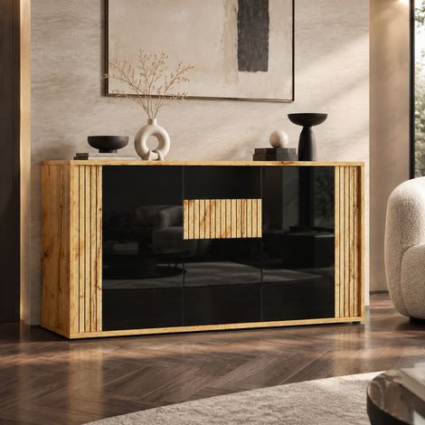 Aparador de 3 puertas sin tiradores en negro brillante y madera clara, 140x35x71 cm, 6 compartimentos, cierre suave, para salón y comedor – CHICFURN (1/5)