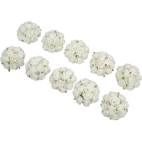 Lot de 10 boules de fleurs artificielles, bouquets de roses en soie, pour centres de table, mariage, fête, Saint-Valentin, décoration d'intérieur (blanc, vert) (1/5)