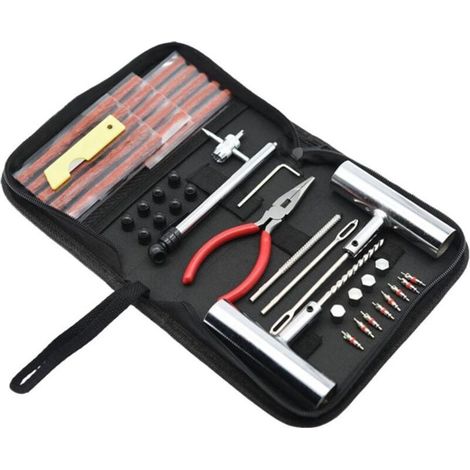 Kit de Réparation 46 Pièces, Pneus Tubeless, Outils Acier, Mèches Caoutchouc, Manomètre Inclus, Voiture Moto Quad (1/5)