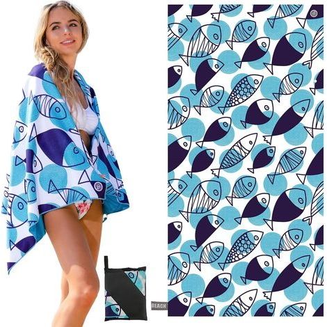 Serviette de Plage avec Étiquettes UV, Tapis de Plage, Matériau en Microfibre, sans Sable,Séchage Rapide, Conception en Corde Élastique, 150×75cm,petit poisson (1/5)