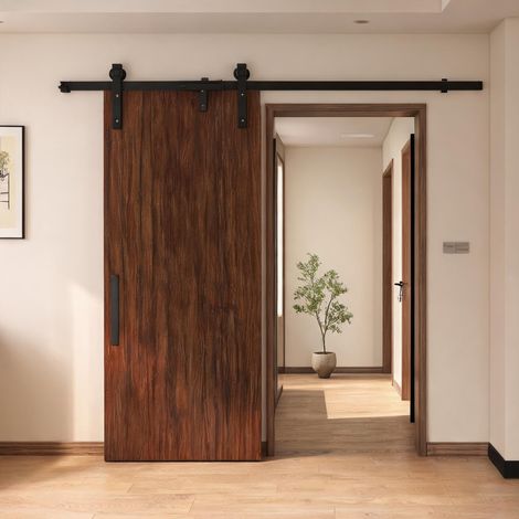 Kit porte coulissante 200 cm acier pour porte bois 100 kg schwarz (1/5)