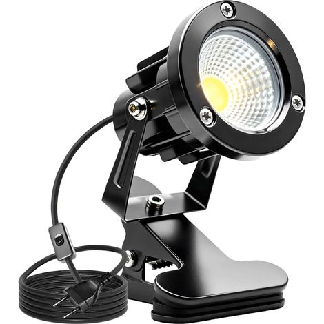 Faretto LED a clip con spina e interruttore, IP65, impermeabile, per uso interno ed esterno, faretto LED da 10 W con cavo da 1,5 m per uso esterno, cortile, prato, luce bianca calda