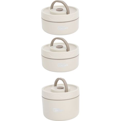 Isolierter Lunchbehälter aus Edelstahl 304, runde, tragbare, auslaufsichere Thermobox für Bento-Boxen mit Deckel und Tasche, beige, 3-teilig. (1/5)