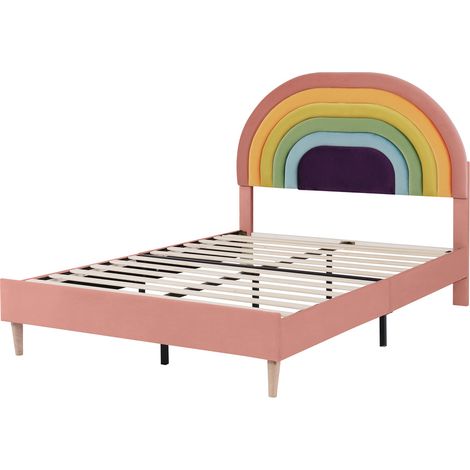 Lit rembourré 140x200 cm, tête de lit réglable en hauteur, supports de lattes en bois, velours - Rosa (1/5)