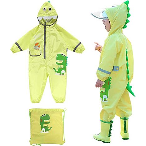 1 Combinaison imperméable enfant, motif dinosaure 3D, bandes réfléchissantes, capuche avec visière, double fermeture, extérieur pluie (1/5)