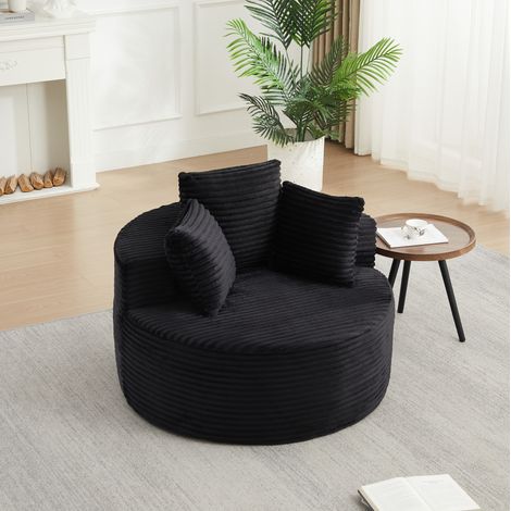 Runder Loungesessel mit drei Kissen, breiten Armlehnen, Cord und Schaumstoff mit Federn, schwarz (1/5)