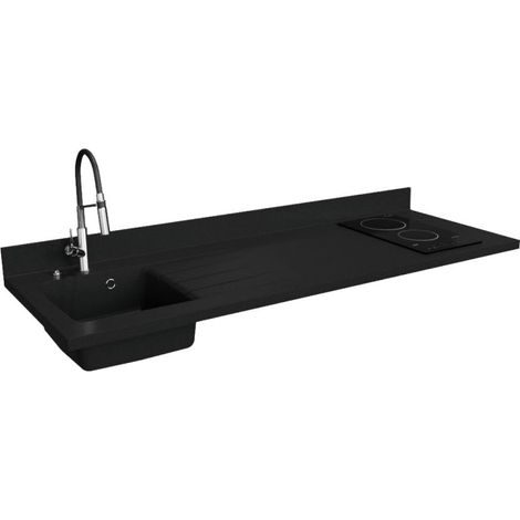Plan de travail monobloc PlaniQuartz avec évier - 180 cm - Nero - évier à gauche - Plaque de cuisson Vitrocéramique