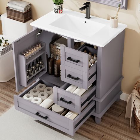 Waschbeckenunterschrank stehend modern grau aus lackiertem MDF mit Keramikwaschbecken, 1 Tür und 3 Schubladen, 76 x 46 x 83,5 cm