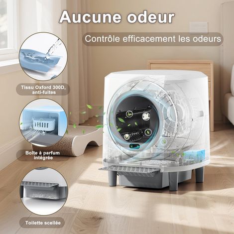 Bac à litière autonettoyant pour chat Maison de toilette automatique connectée avec contrôle par application et grand bac à litière anti-odeurs (1/5)