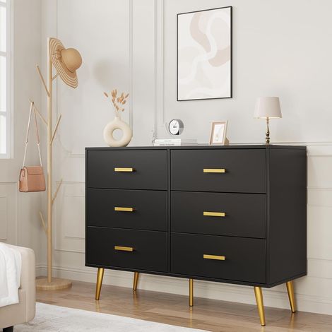 Commode Noire 6 Tiroirs - Poignées Dorées et Pieds en Métal - Buffet Large 120 cm - Design Chic Moderne (1/5)