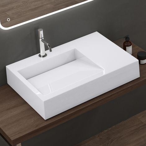 doporro Lavabo da Appoggio Rettangolare, Lavabo Sospeso con Foro Rubinetto in Marmo Resina Bianco Lucido 75x50x13cm, Lavandino Bagno Colossum11-750