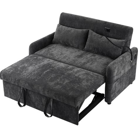 Sofá Convertible 2 Plazas en Chenilla con Respaldo Ajustable, USB, Soporte para Teléfono y 2 Cojines, Gris (1/5)