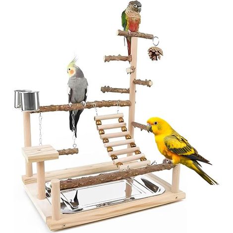 Aire de jeux pour perroquets - Support pour perroquets - Bloc de jeu en bois pour oiseaux - Table de jeu avec mangeoire (1/2)