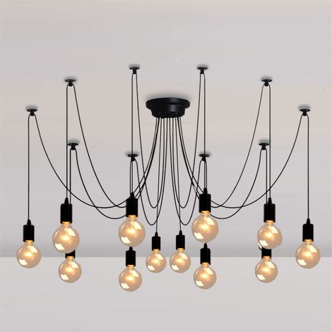 Vintage Pendant Lights Antique Edison Chandelier Retro Industrial 12 Lights Ceiling Spider Lamp E27 for Living Room Kitchen Island (Black/200cm)