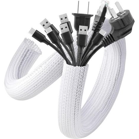 Funda para cables de 2 m con cierre automático，Funda para cables tejida，Funda para cables de 19 mm con cierre automático，Blanco (1/5)