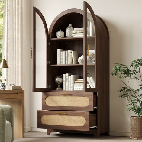 Vetrina con ante in vetro e 2 cassetti, 80 x 40 x 175 cm, MDF effetto noce (1/5)