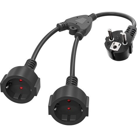 Fiche double pour prise, câble d'extension de contact de protection avec 2 prises Schuko AC, adaptateur de prise 2 en 1 avec câble flexible, double fiche pour prise Max 3680W (16A/250V) (noir) (1/5)