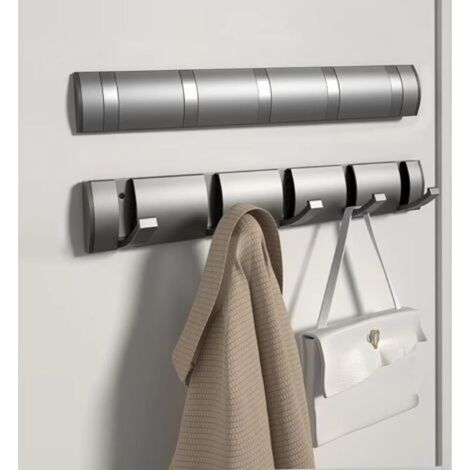 Porte-manteau mural robuste en aluminium avec 5 crochets rétractables pour suspendre vêtements, chapeaux, sacs à main et clés – Gris