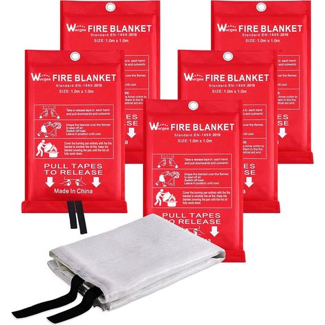 Couverture Anti feu de Survie - Couverture Anti-feu en Fibre de Verre d'urgence pour la Survie Protection Ignifuge et Isolation Thermique 1m x 1m Applicable à Cuisine Barbecue Voiture - 5 Pack (1/5)