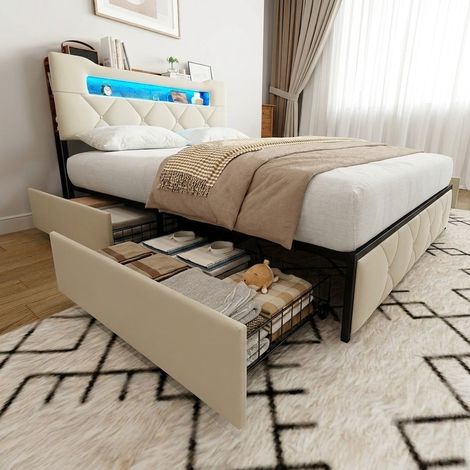 Lit avec tiroirs 160x200 cm - lit double avec led rgb,sommier à lattes,station de charge usb/type-c et rangement - velours - beige