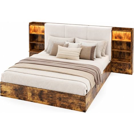 Lit coffre 180x200 avec tête de lit rembourrée, 6 niches de rangement, LED et ouverture hydraulique, marron, pour chambre adulte  CHICFURN (1/5)