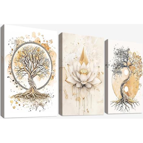 3Pc Cadre en Bois Impression sur Toile Arbre de vie Yin Yang Tableau Image sur Toile Bouddhisme Zen Fleur de lotus Beige Tableau Decoration Murale Salon Chambre Salle de Bain 30x40cm x 3pcs (1/5)