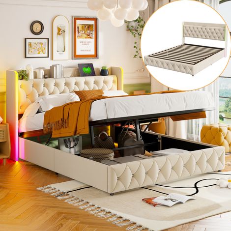 Dans Les Nuages – Lit coffre 160x200cm avec éclairage LED – Port USB-C – Tête de lit avec étagère – Similicuir beige – Sommier à lattes (1/5)