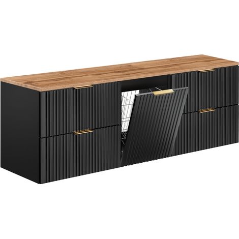 Furnidea - Meuble suspendu sous vasque ADEL NOIR 160 cm avec panier à linge et plan chêne - 4 tiroirs - Façades rainurées (1/5)