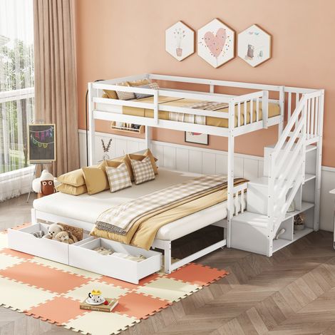 Etagenbett 90x200 cm Mit Klappbett Aus Kiefernholz Und Schubladen