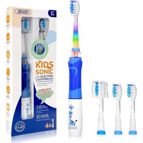 brosse à dents électrique enfant avec LED colorée, minuteur 2 Min, 4 têtes remplaçables, brosse a dent enfant pour 3-12 ans, SG977 (Bleu) (1/5)