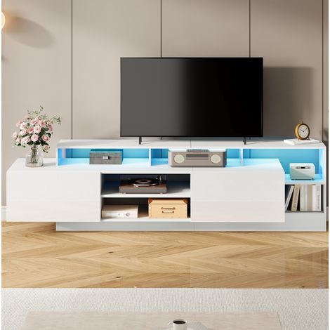 Mueble para TV de aglomerado blanco 190x40x48.5 cm, alto brillo, 2 puertas abatibles, compartimentos abiertos y LED (1/5)