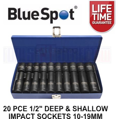 BlueSpot 20pc Deep and Shallow Metric Impact Sockets Set 10-19mm 1/2" (1/4)