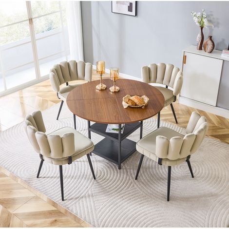 Conjunto de comedor REDOM 107x107x75 cm, mesa redonda con doble almacenaje y 4 sillas, MDF metal tejido, nogal y negro (1/5)