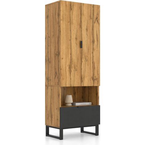 Penderie avec rangement chaussures, 1 tiroir, 3 étagères dont 2 réglables, tringle et niche ouverte, coloris bois clair et noir CHICFURN (1/5)
