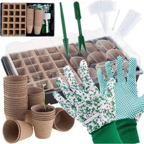 TG77610 Mini-Gewächshaus-Anzuchtset mit Torftöpfen, Markierungen und Handschuhen