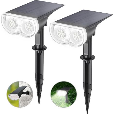 VUSZR LED Solarlampen für Balkon, 6500K Tageslichtweiß Solarleuchte Licht-Sensorik Gartenstrahler, IP65 Wasserdicht Außenwandleuchte 800LM Solar Strahler für Palmen, Hauswand, StarRay Serie, 2 Stück (1/5)