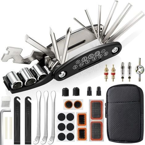 Kit Reparation Velo, Trousse Outils de Vélo, Outil Multifonction 16 en 1, Kit Crevaison Velo avec 3 Levier Pneu Velo, Rustine Velo Accesoire pour Bicyclette, VTT, Cyclisme (1/5)